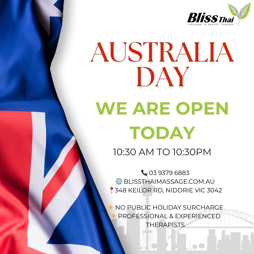 Australia Day massage spa open at Bliss Thai Massage & Beauty Therapy in Niddrie, Melbourne
